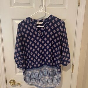 Pink Rose Navy and White Patterned Blouse